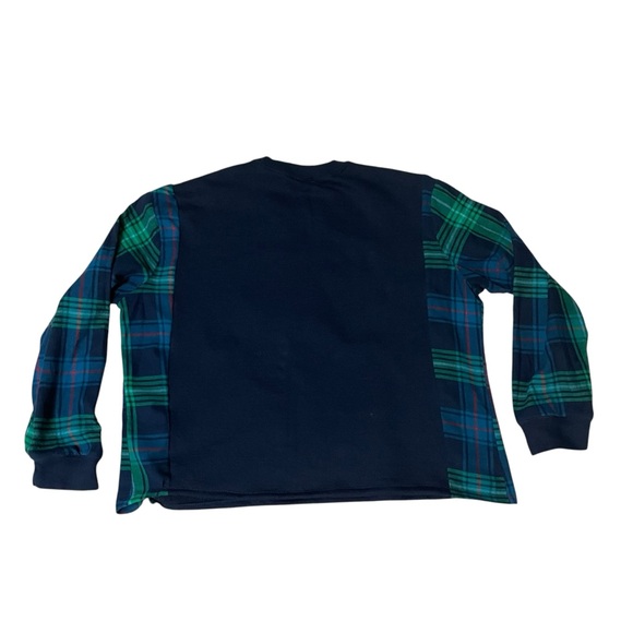 Unique Remade Flannel Sleeve Holiday Christmas Lights Navy Sweatshirt Size M L - Picture 4 of 5